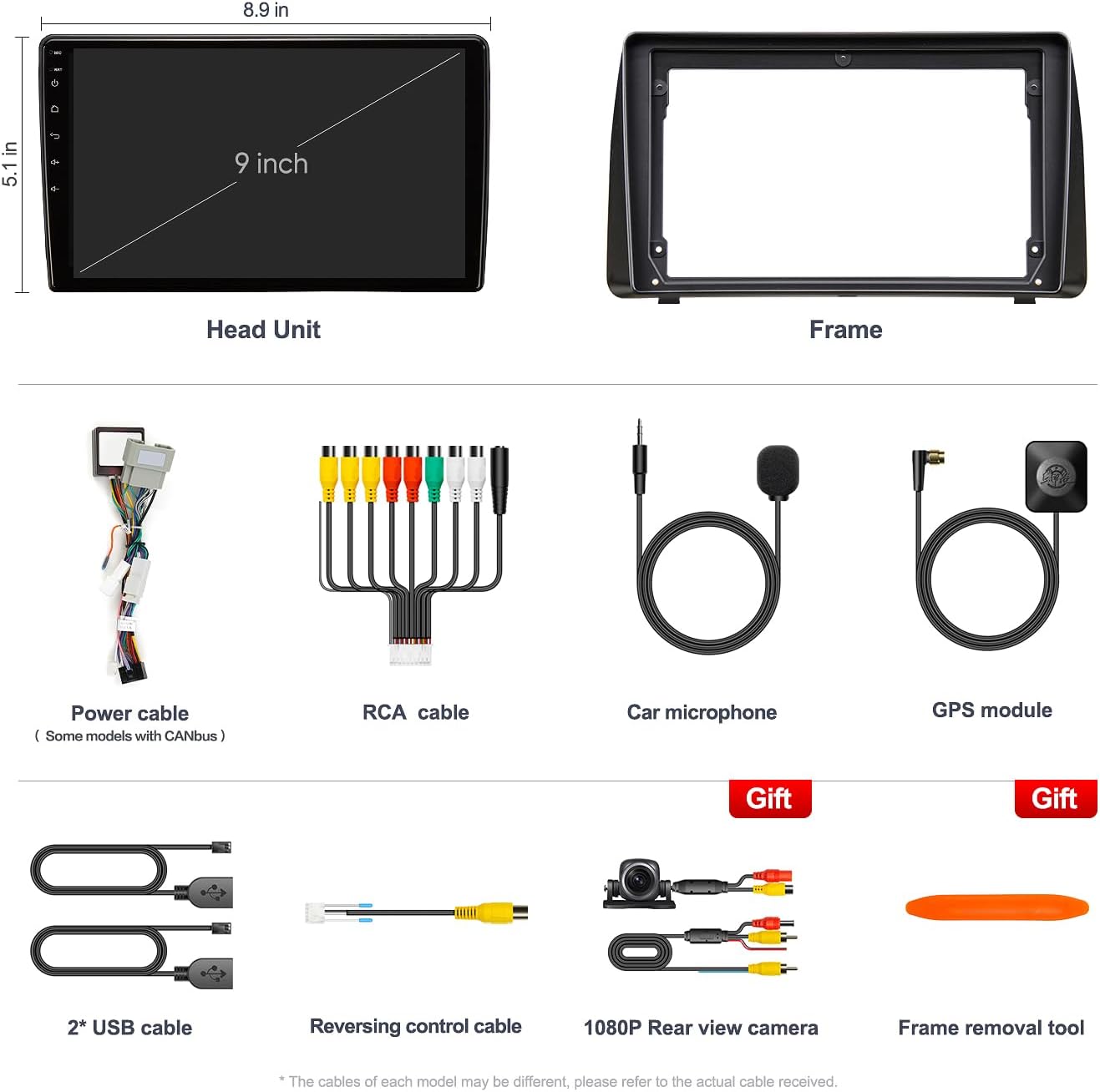 AINAVITO 9 Inch Head Unit, Frame, and various connection cables