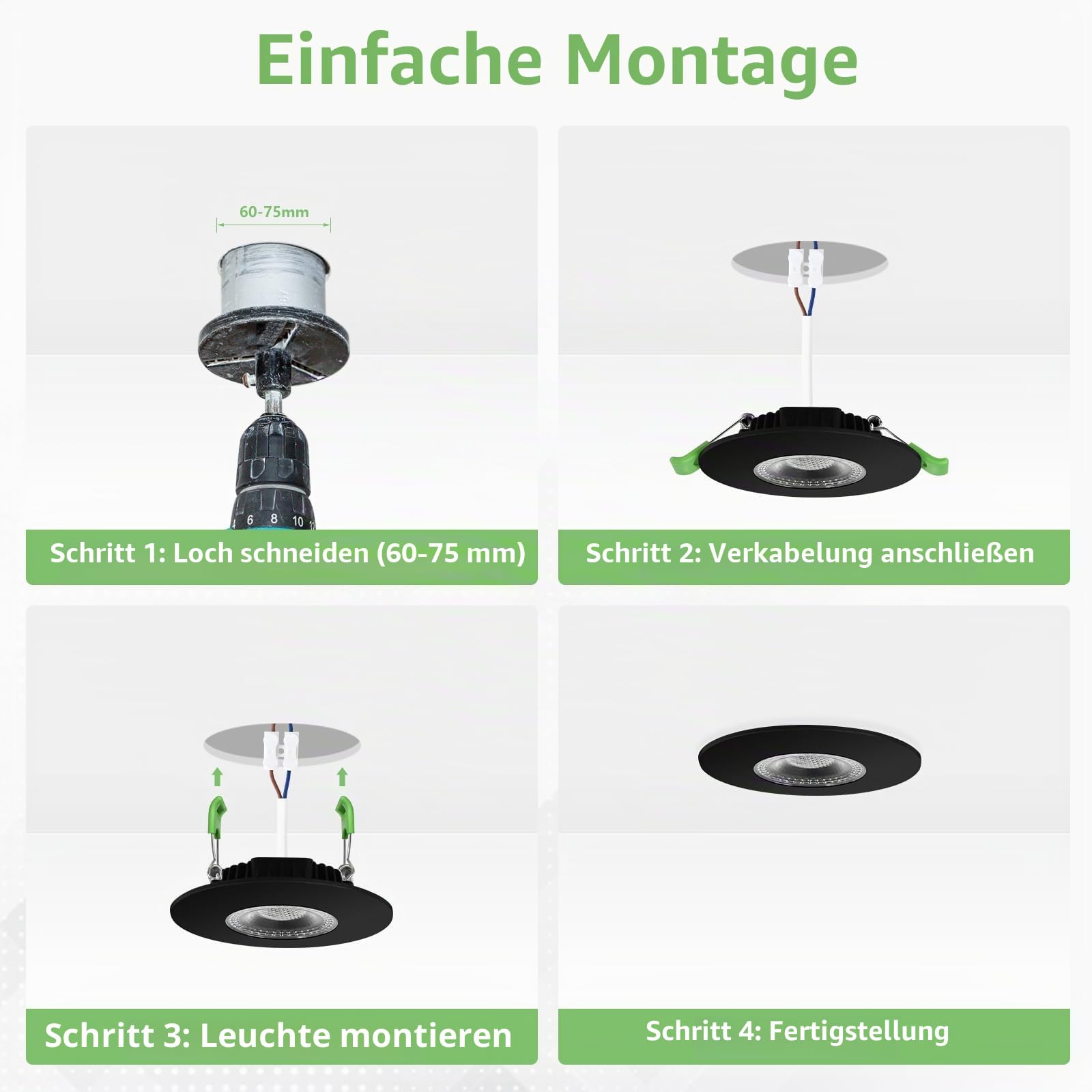 KYOTECH LED Einbaustrahler 230V Dimmbar 3CCT IP65 Deckenspots 60-75mm | 7W 770LM LED Einbauleuchten 2700K/4000K/6000K Spot Ultra Flach für Badezimmer Balkon Wohnzimmer 10er Schwarz