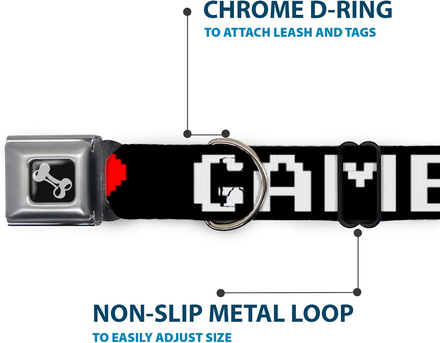 Dog Collar Seatbelt Buckle Gamer 1 Heart 8 Bit Black White Red 16 to 23 Inches 1.5 Inch Wide