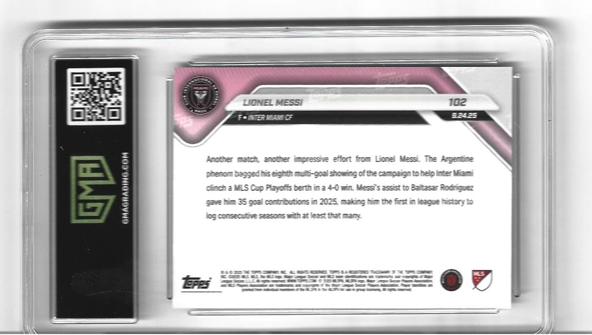 Graded Gem Mint 10 Lionel Messi 2025 Soccer Trading Card #102 Inter Miami CF Becomes First Player With Consecutive 35+ Goals Per Season