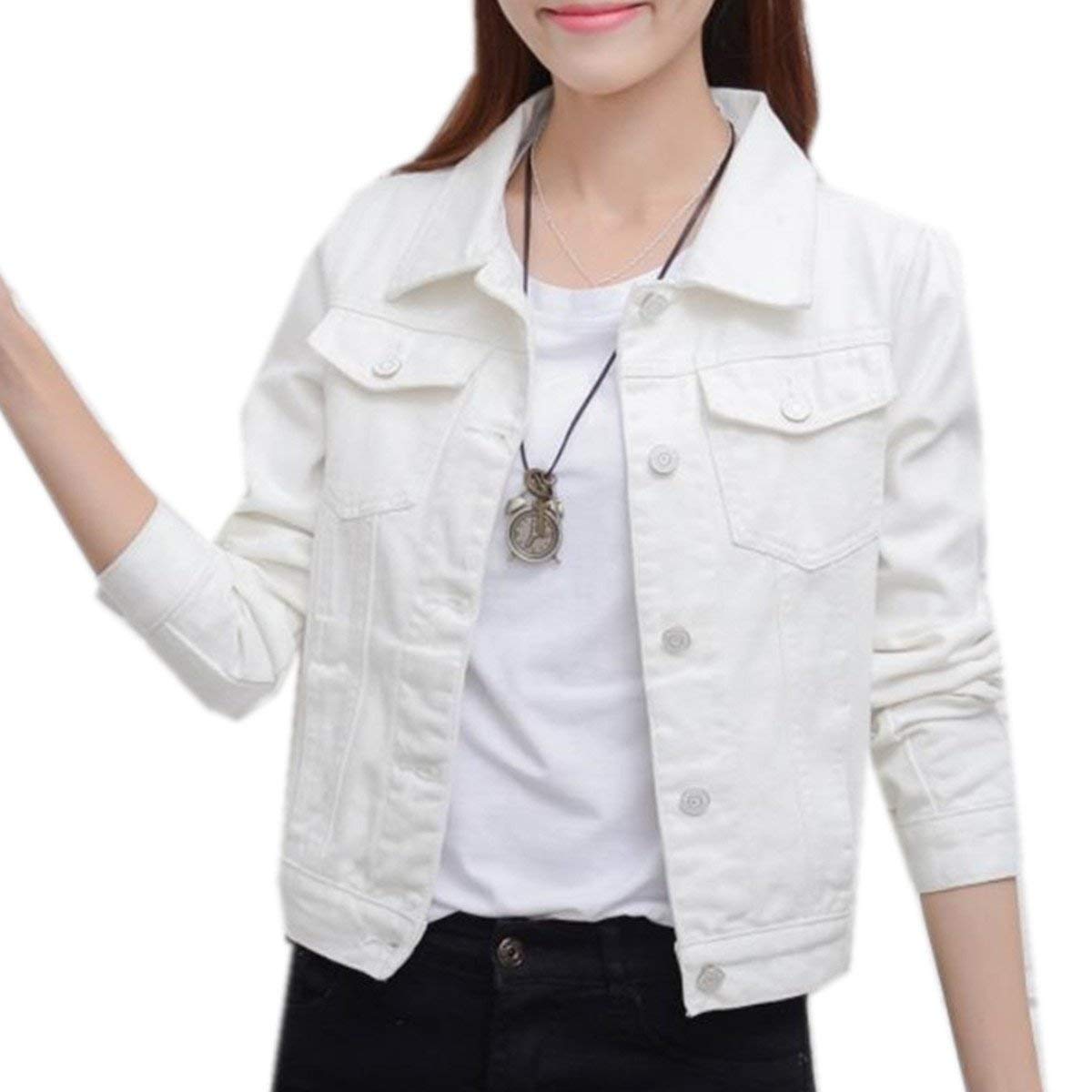 Huixin Dżinsowa kurtka damska elegancka wiosna jesień klapa długi rękaw dżinsy kurtka retro dziewczyna moda trend chłopak styl przetarty denim płaszcz odzież wierzchnia, biały, S