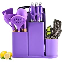 Kitchen Utensils and Knives Set, 20PCS Knife and Cooking Spoon Tools Set with Storage Holder, Sharp Stainless Steel Knife Sets with Bread, Chef Knife Purple