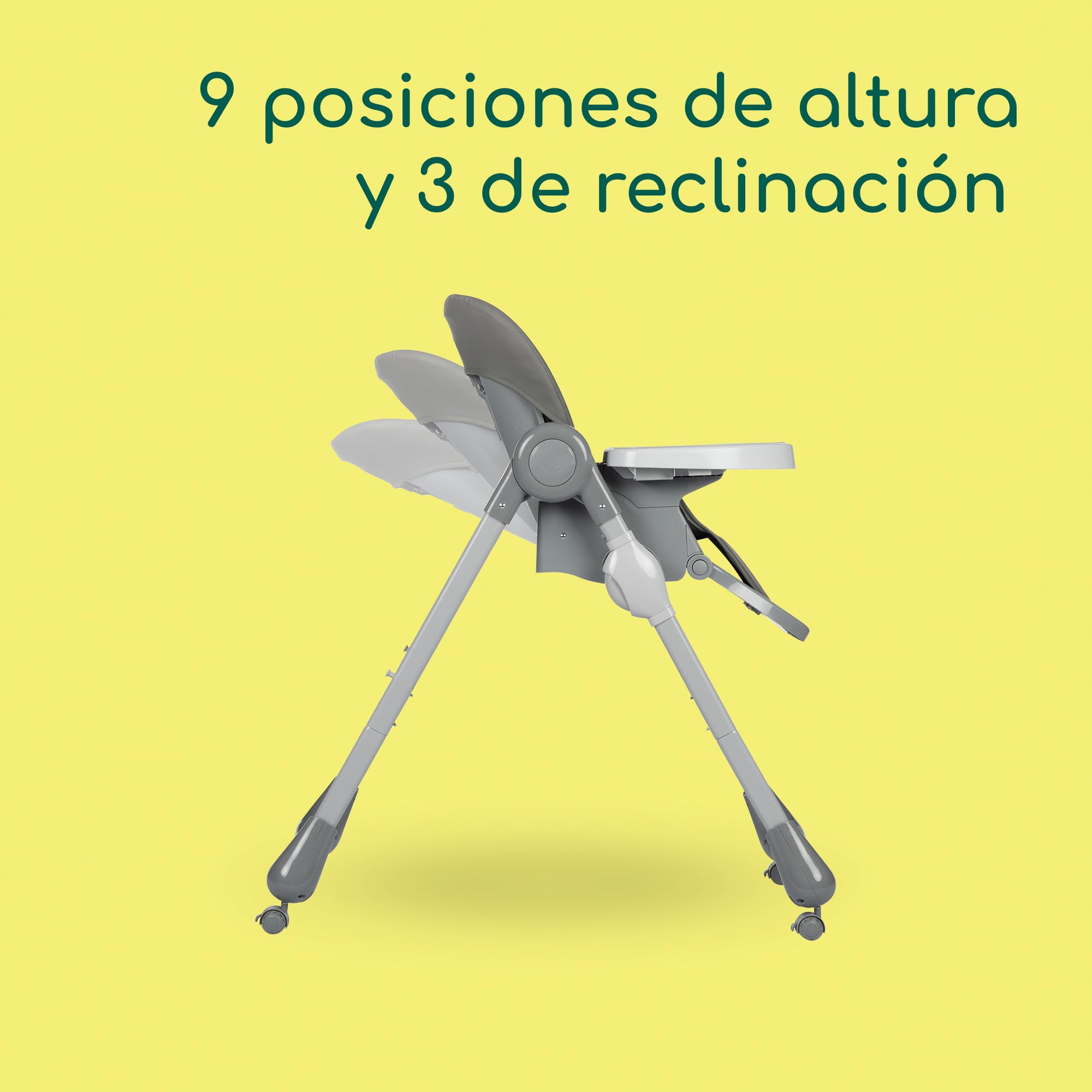 Bebeconfort Olea, Trona bebé, 0-3 años, 0-15 kg, totalmente ajustable, 9 alturas, 3 posiciones de reclinación, fácil limpieza, 4 ruedas giratorias, plegado compacto, Tinted Grey