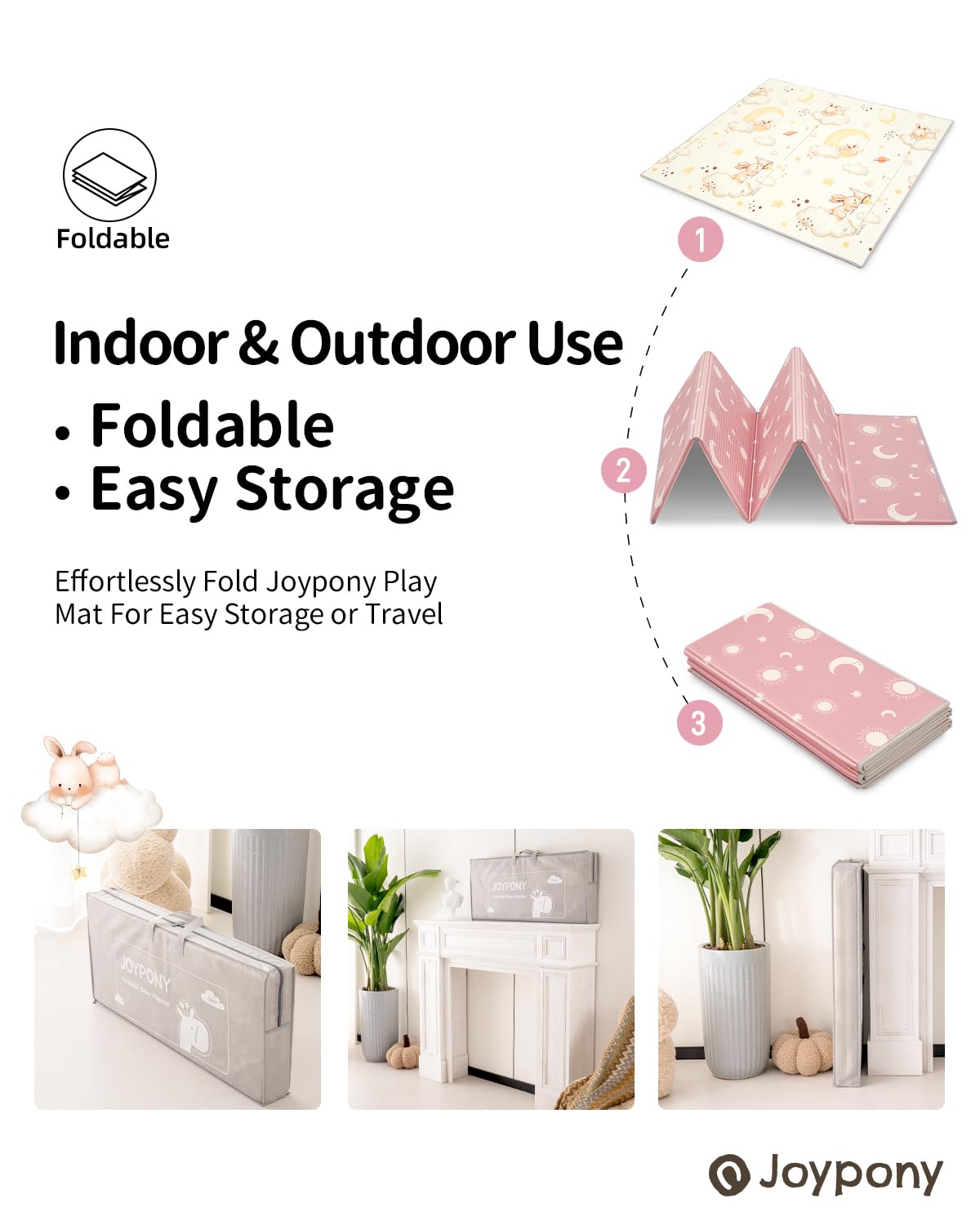 Joypony Krabbelmatte Baby, 120x120 CM Faltbare Spielmatte, Wasserdicht & Rutschfest, Baby Play Mat mit Tragetasche – Ideal für Babys & Kleinkinder