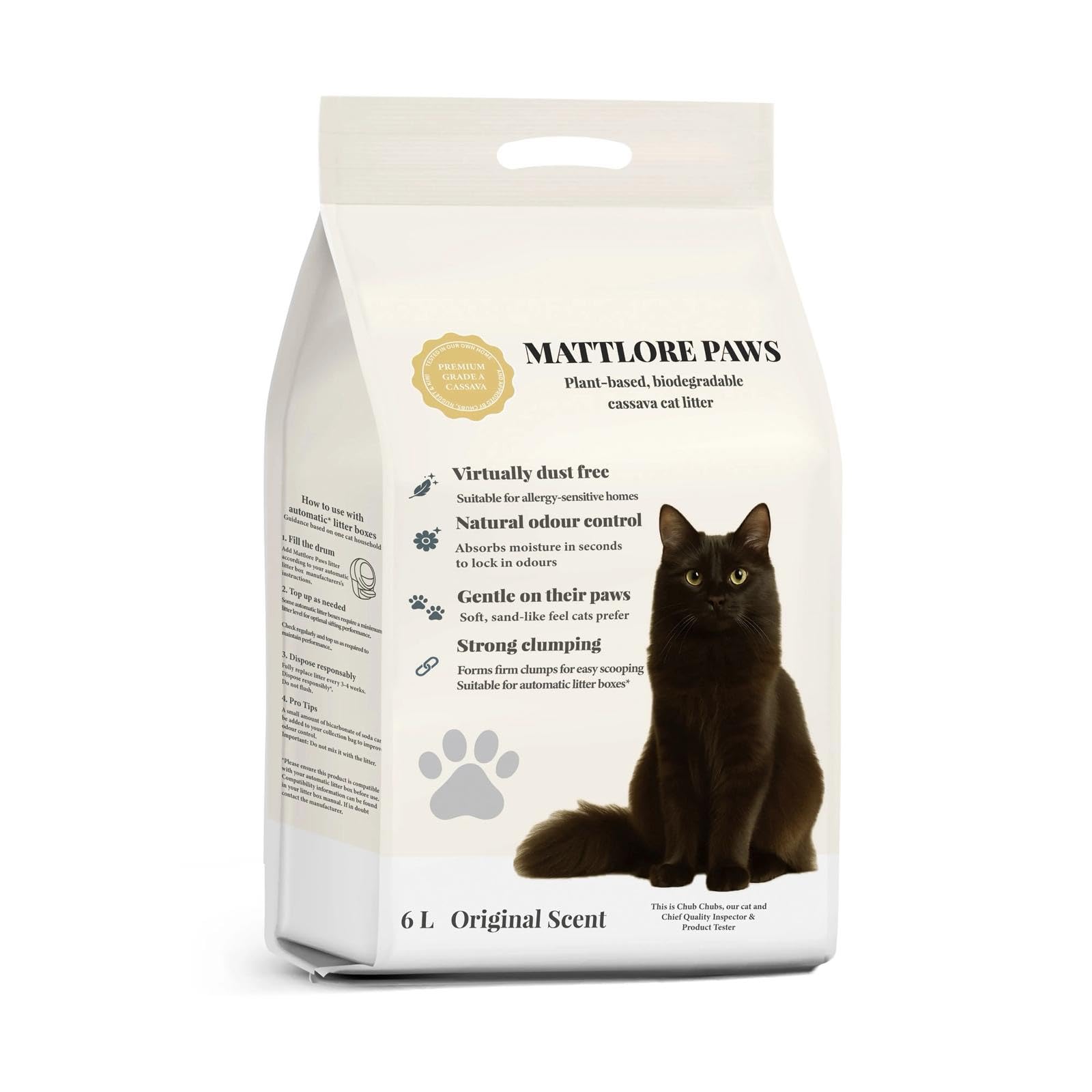 Mattlore Paws Premium Cassava Cat Litter - Grade-1 Cassava + Guar Gum - 100% Plant-based - Biodegradable, Low Dust, Ultra-Clumping & Fragrance-Free Formula | Traditional trays | Automatic trays