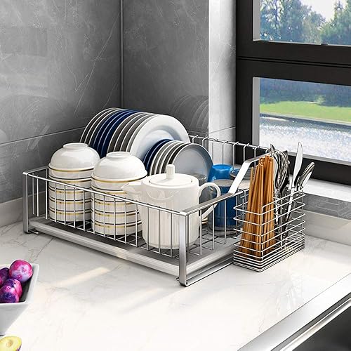 Miniatura 2 de Escurridor de acero inoxidable 304, escurridor de platos de una sola capa, estantes de cocina con jaula de cubiertos, ahorro de espacio