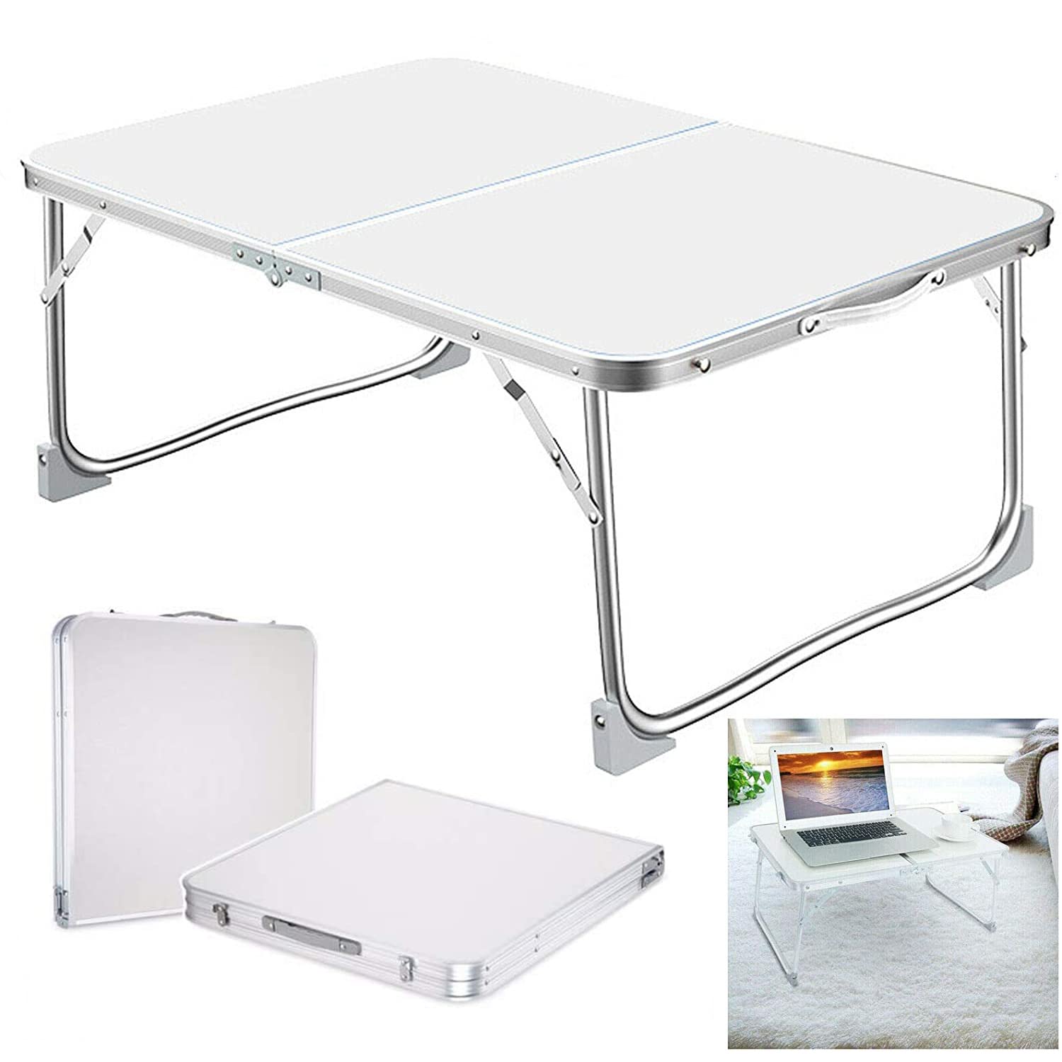 2ft Small Folding Table Laptop Bed Table, Portable Lap Standing Desk Foldable Sofa Breakfast Tray Table, Lightweight Aluminium Folding Camping Picnic Table for Outdoor Garden BBQ Party, 60x40x26cm