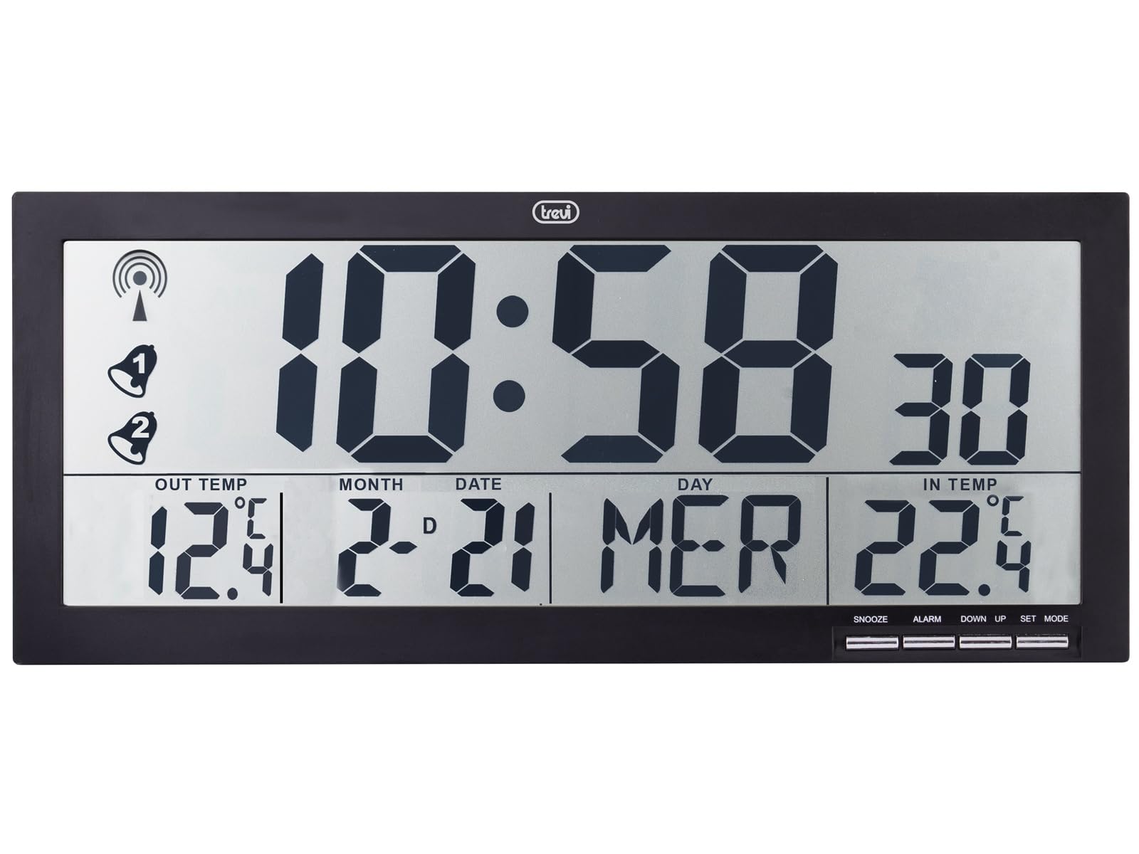 Trevi OM 3530 RC Orologio da Parete Radiocontrollato con Grande Display e Sensore Esterno Senza Fili, Termometro e Calendario Multilingue