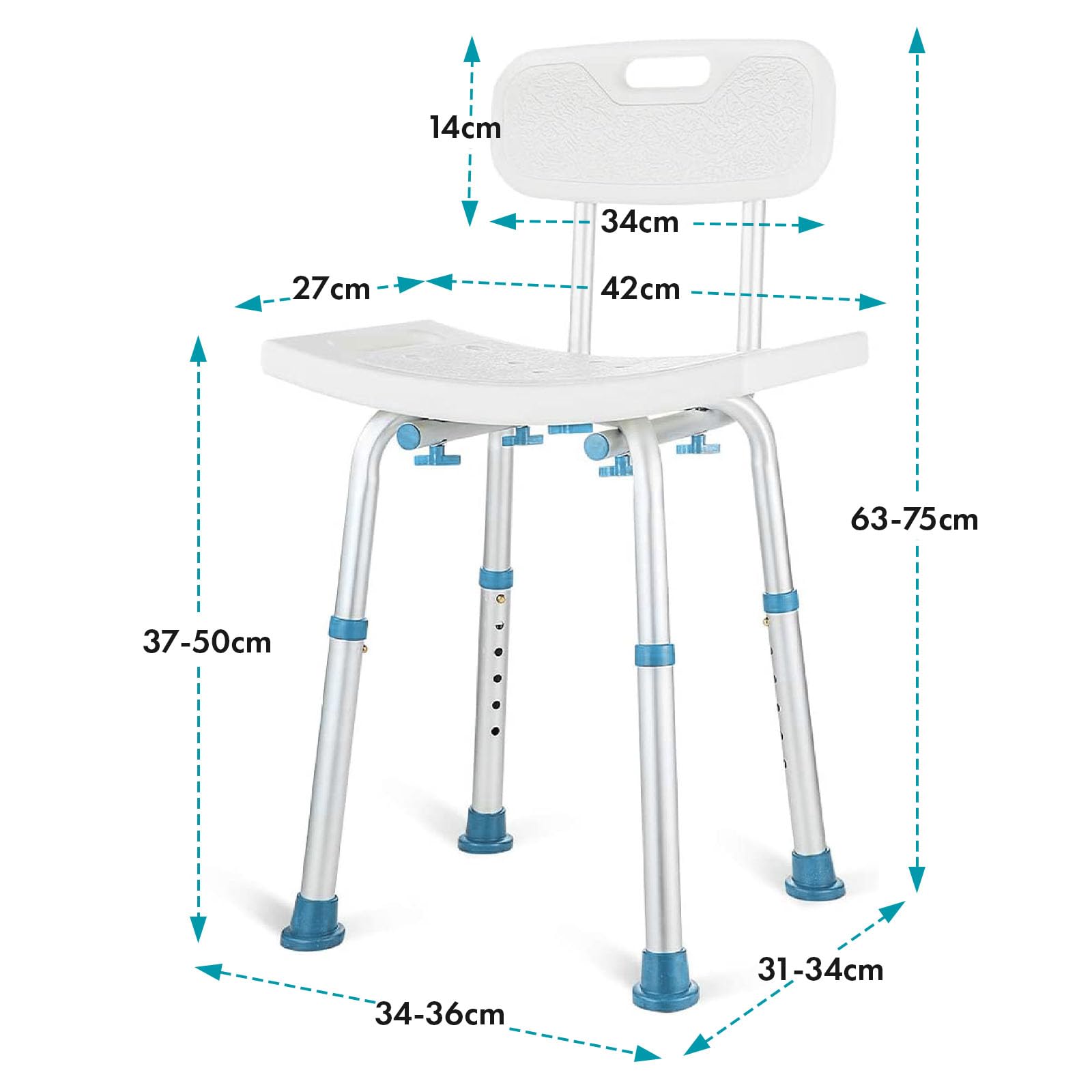 Floordirekt Taboret prysznicowy z odpinaną częścią oparcia, krzesło prysznicowe dla osób starszych, regulowana wysokość 37-50cm, obciążenie do 150kg, antypoślizgowy i stabilny, siedzisko prysznicowe