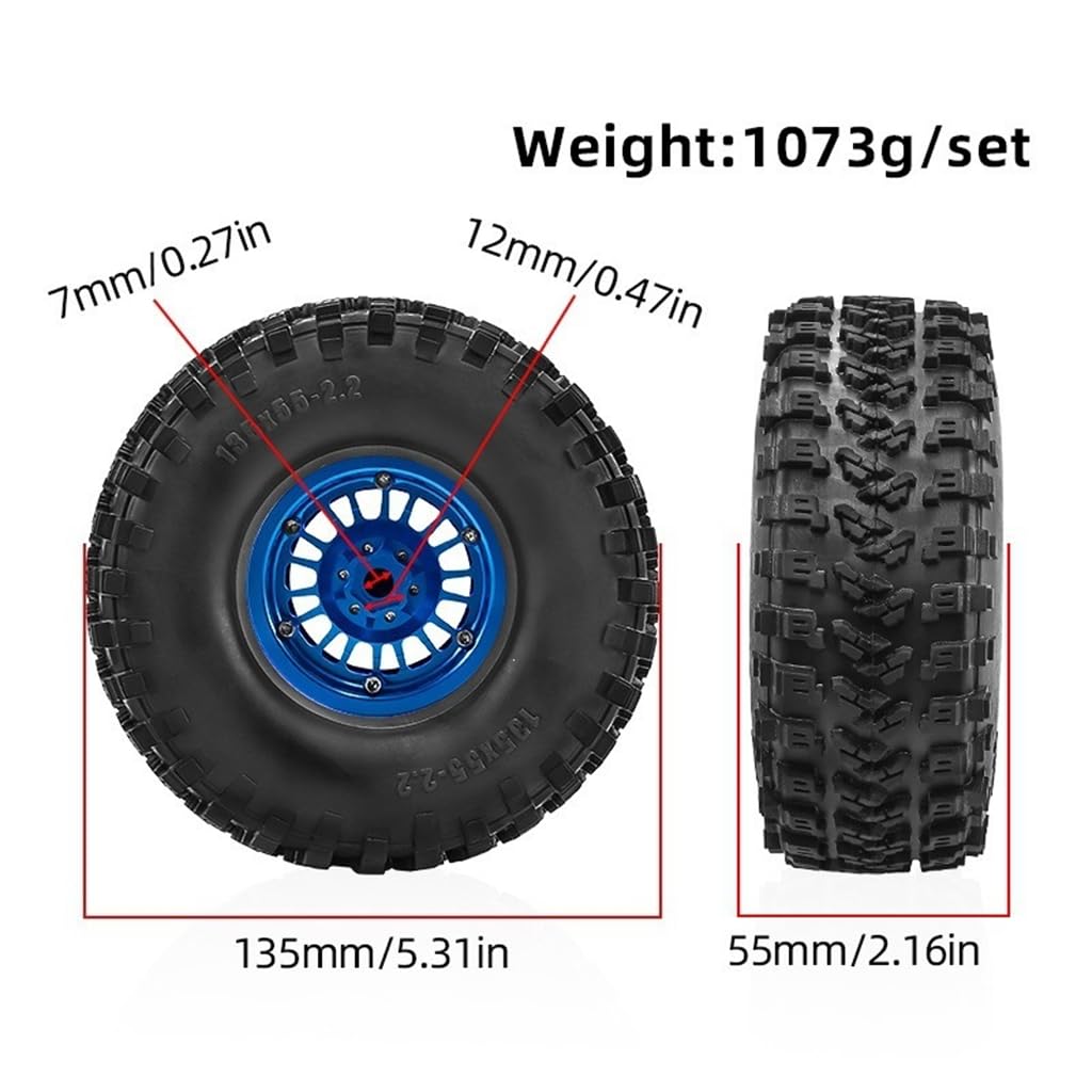 4 szt. 5.1 cm stop aluminium Beadlock koła opony 135 x 55 mm piasta sześciokątna 12 mm RC części ulepszenia do 1/8 1/10 CROSSRC Yikong AXIAL SCX10 TRAXXAS TRX4 MJX H8H Crawler RC Car (niebieski)