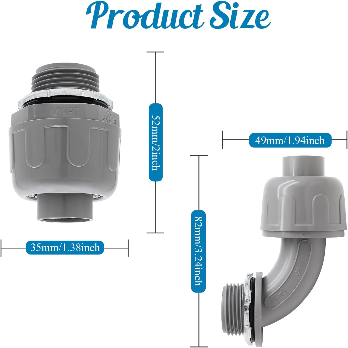 10Pcs 1/2 Inch NPT Liquid Tight Connector Nonmetallic Electrical Conduit Connector Fitting, UL Listed PVC Flexible Conduit Fittings (5Pcs Straight + 5Pcs 90 Degree)
