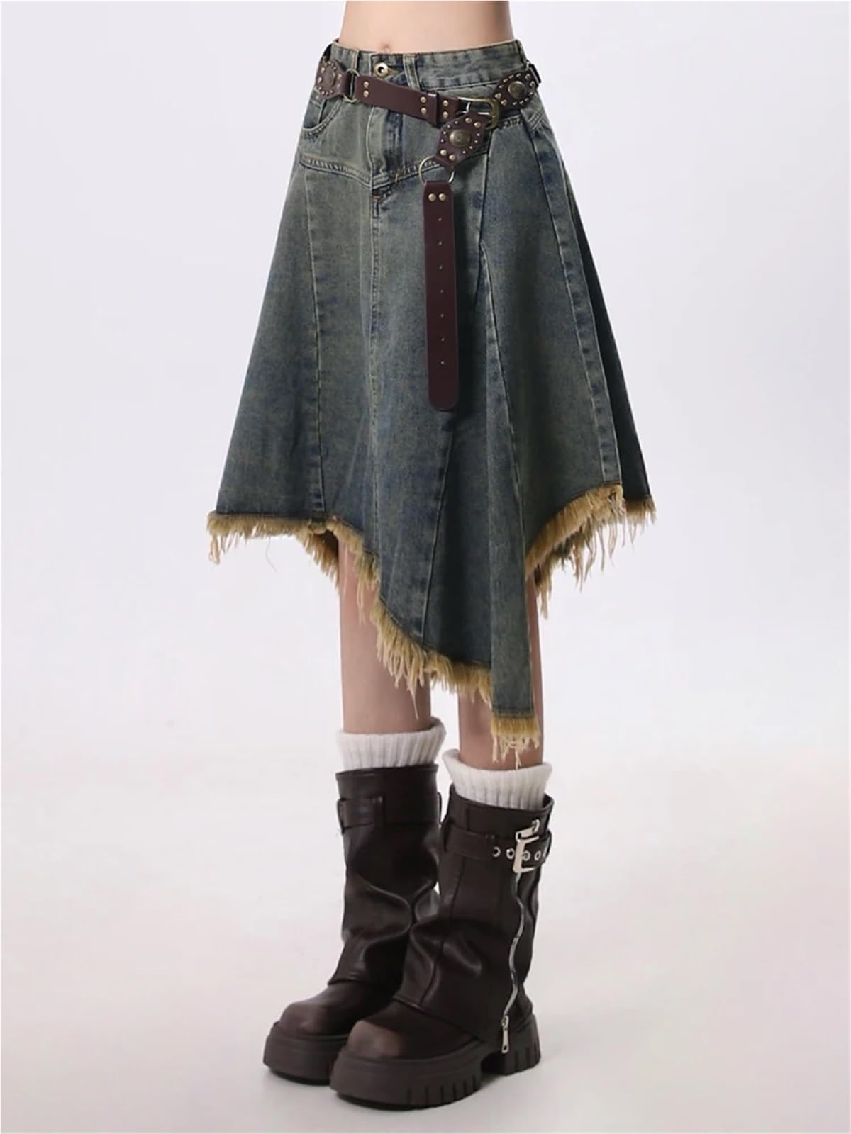 Gonna longuette da donna estiva irregolare in denim a trapezio