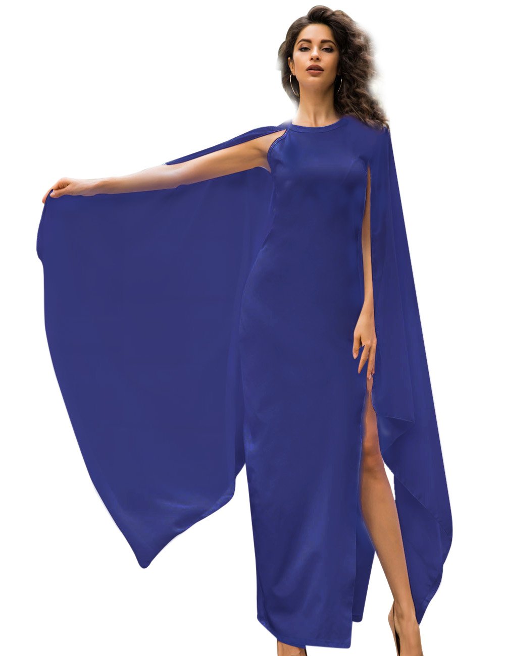 Womens Elegant High Split Formal Long Evening Gown Dress with Cape Blue L