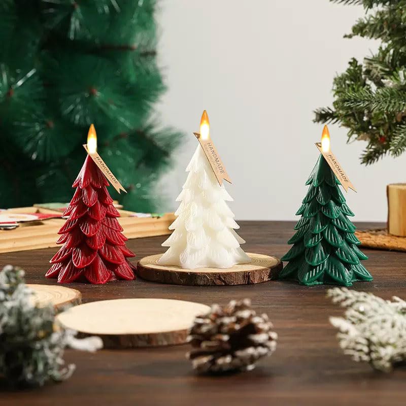 Image of Christmas Tree Flameless Candles with Remote Timer, Battery Operated 3D Wick LED Flickering 4'' x 5.5'' Candles Real Wax Green for Holiday Decor