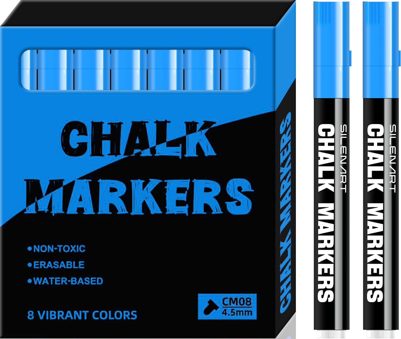 SILENART Chalk Markers - Vibrant 8 Pack - Dry Erase Markers Pen - Liquid Chalk Markers for Blackboard Chalk Board Windows Glass Acrylic Calendar Board - Erasable Chalk Marker (Blue)