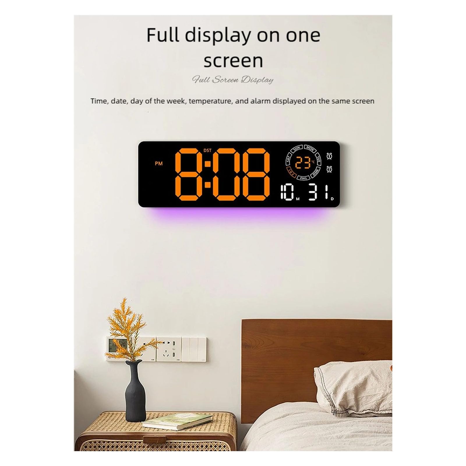 Mehrfarbige LED Digital Wanduhr mit Helligkeitseinstellung, Uhrzeit, Datum, Temperaturanzeige, Nachtlicht für Zuhause, Büro, Moderne LED Digitaluhr, mehrfarbige Beleuchtung, Temperaturanzeige,