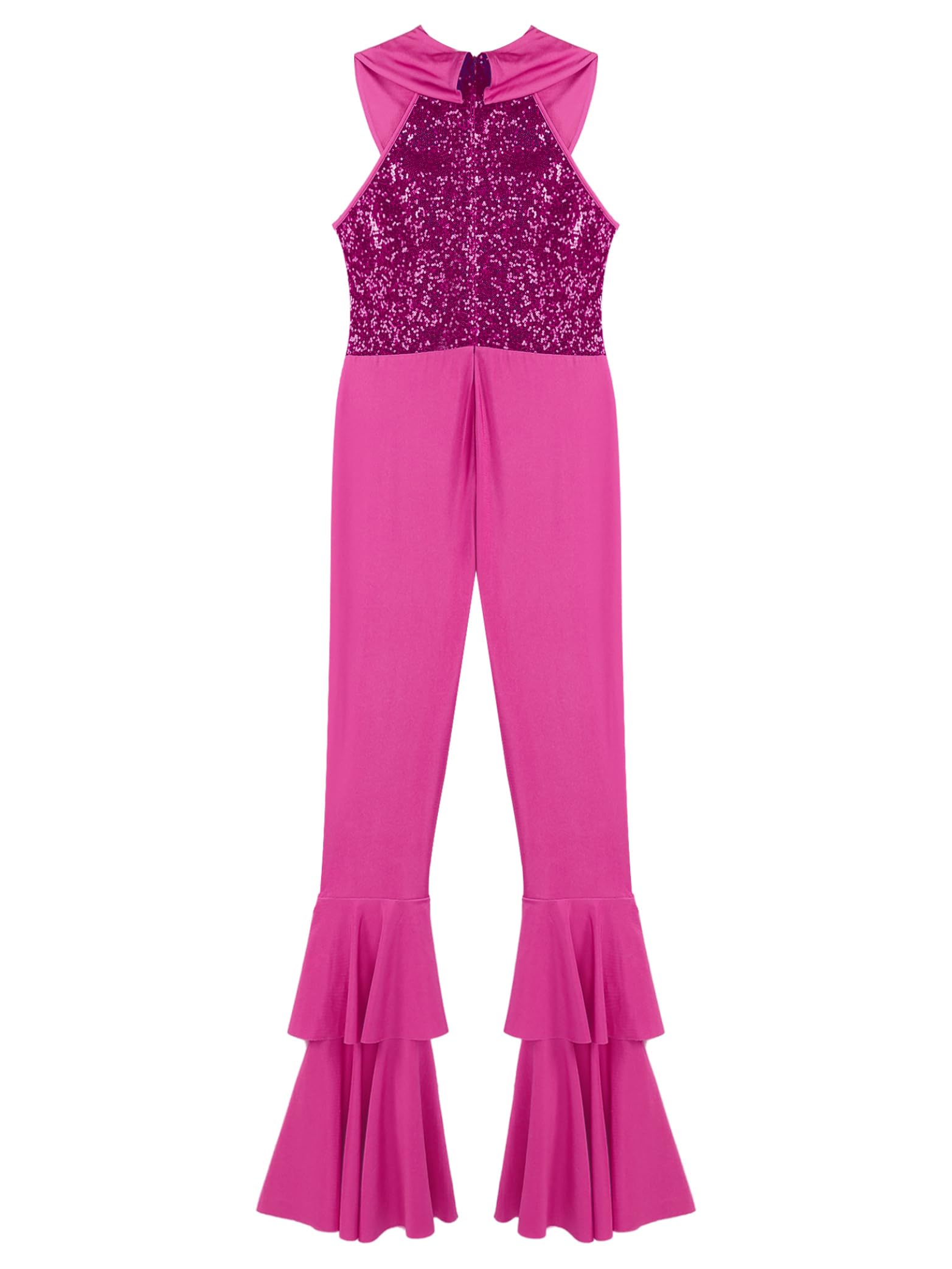 Yhong Justaucorps de Danse Disco pour Femmes, Combinaison sans Manches à Paillettes, Fermeture Éclair, Bas Cloche, Salopette, Ensembles de Pantalons Rose vif S