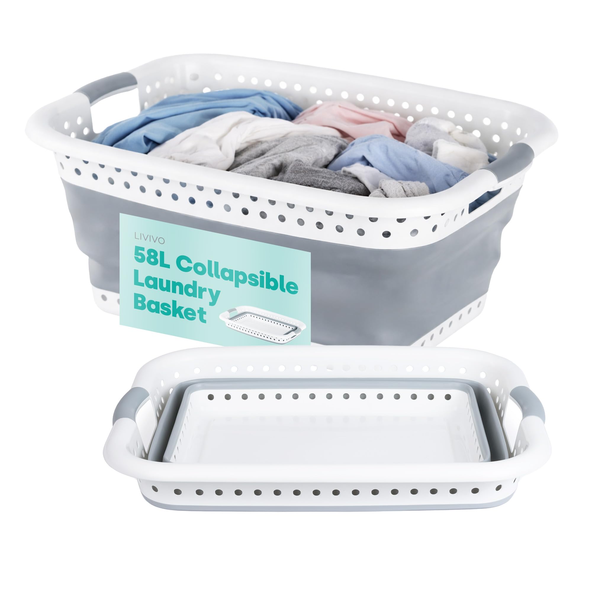 Livivo Grey Collapsible Laundry Basket 58L Foldable Washing Basket With Handles Space Saving Laundry Hamper