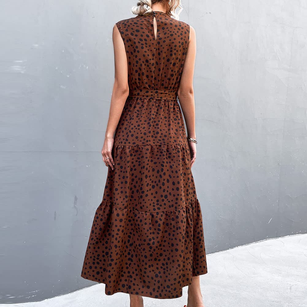 Abito con Stampa a Pois, Colletto in Basamento Senza Maniche con Cintura Abito Estivo Lungo da Donna Alta Abito Estivo Elegante Abito Lungo Collo Alto con Cintura per Feste,