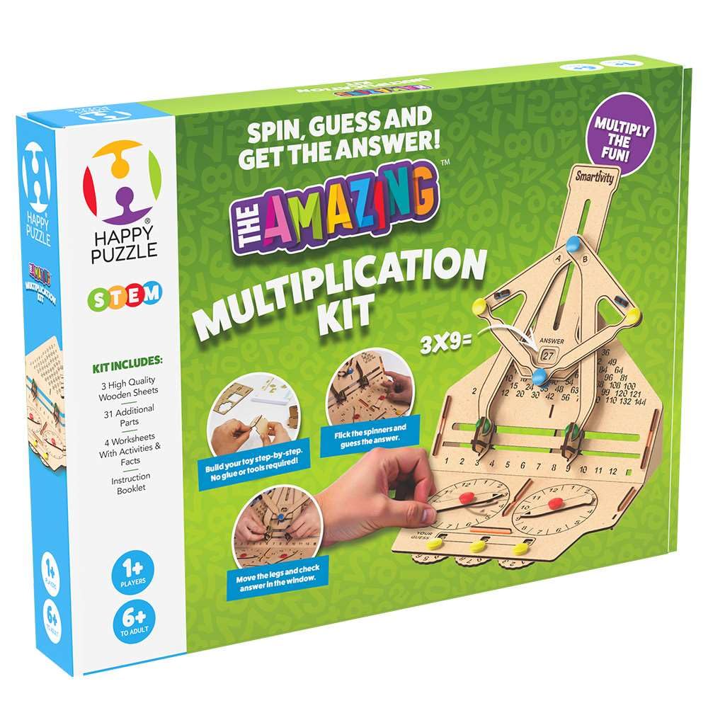 The Happy Puzzle Company Multiplication Machine STEM Kit β Build Your Own Wooden Maths Learning Toy, Times Tables Game for Kids Age 6+, Educational Construction Kit
