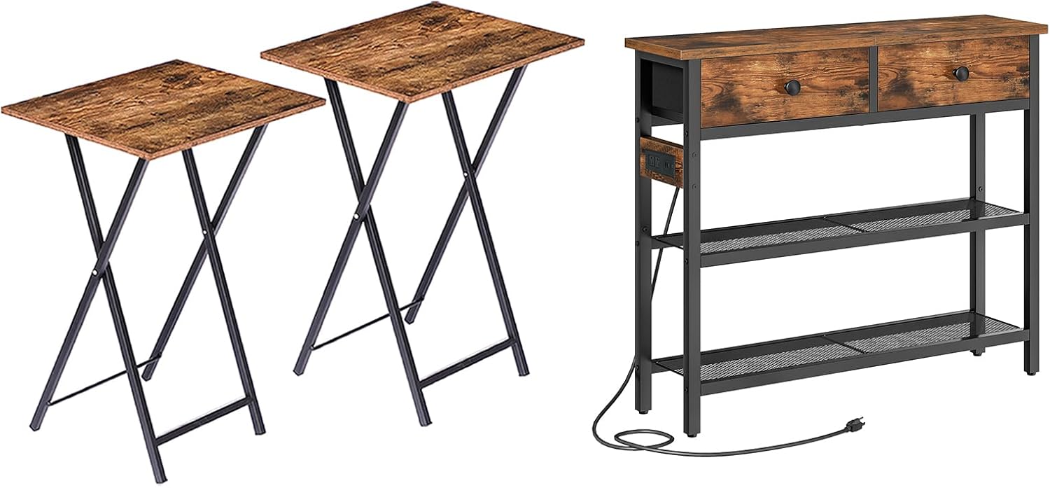 HOOBRO Folding TV Tray Tables, Set of 2 Side Table for Small Space, 29.5" Narrow Console Table with Power Outlet, Small Entryway Table with 2 Fabric Drawers BF25BZ01-BF72UXG01
