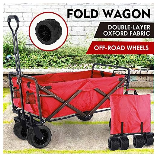 Collapsible Outdoor Utility Wagon, Heavy Duty Folding Garden Portable Hand Cart, with 8“ All-Terrain Wheels and Drink Holder, Adjustable Handles and Double Fabric, for Beach, Garden, Sports (Red)