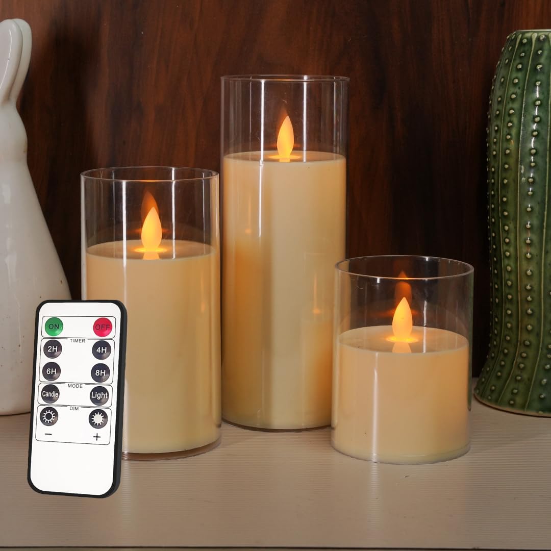 tia crafts flameless led glass candles, amber, remote control, battery operated, flickering pillar set of 3, timer function for gift, anniversary, diwali, christmas decoration