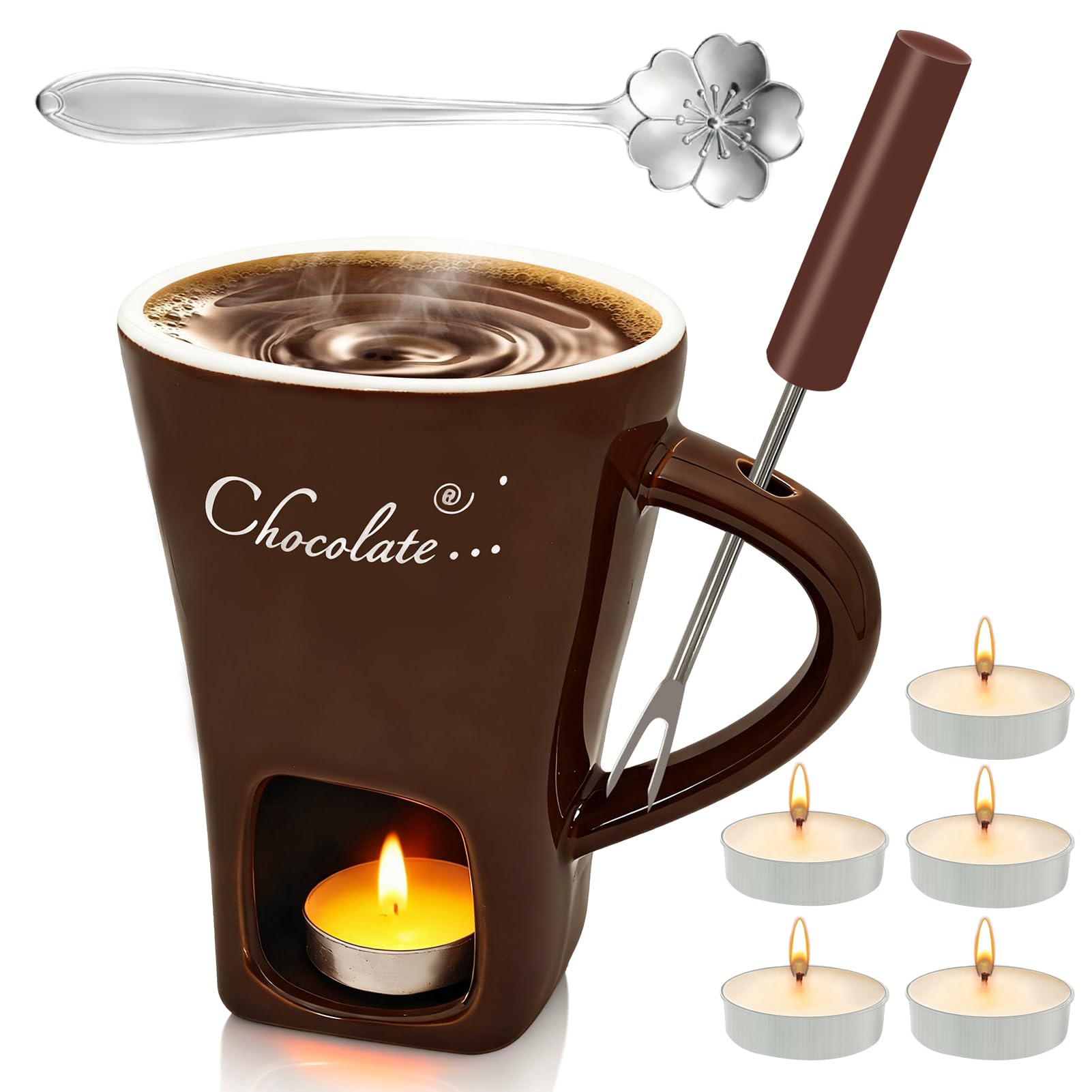 Set per fonduta di Cioccolato 200 ml in Ceramica con forchetta e tealight Marrone