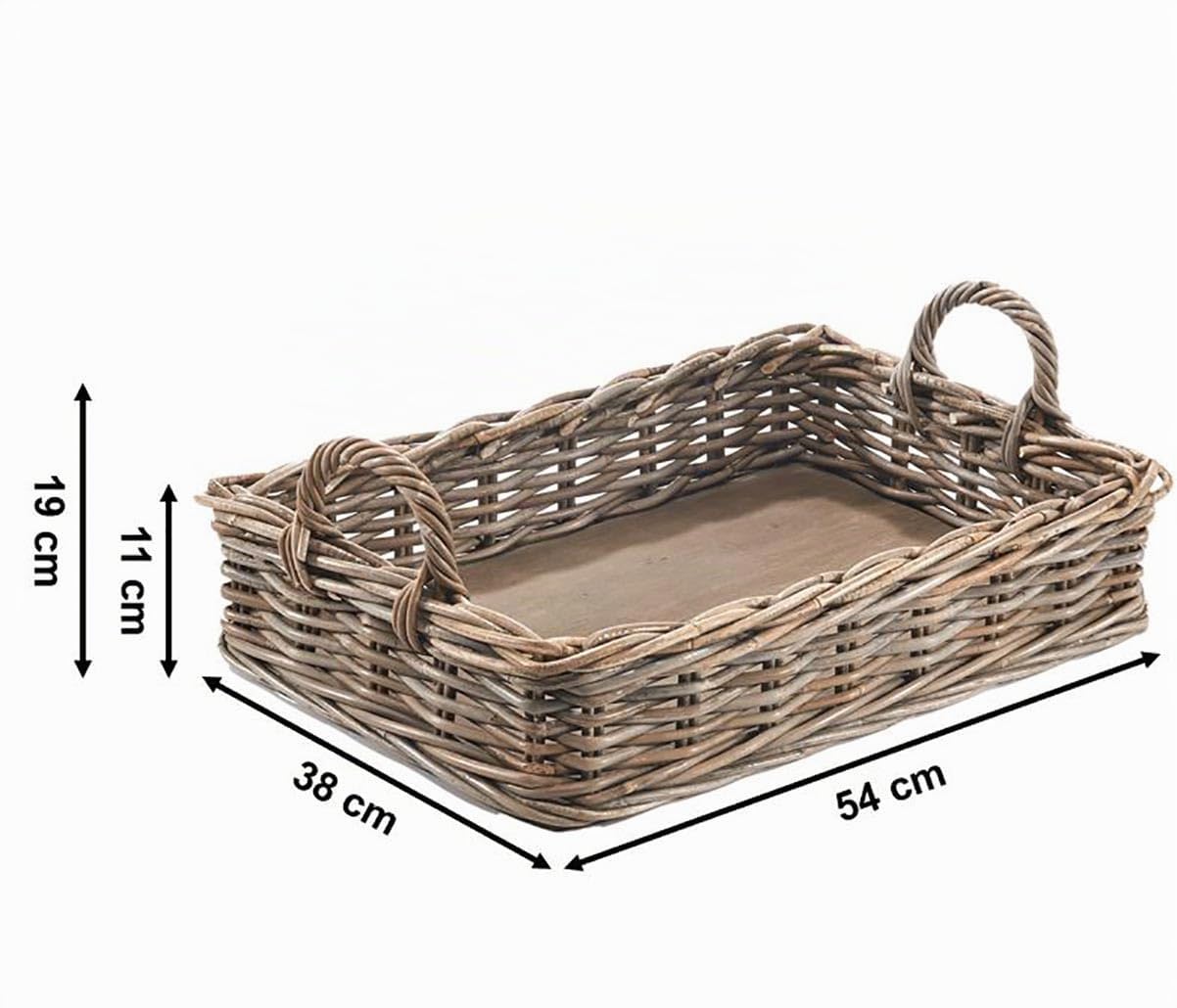 Kobolo Serviertablett aus Rattan | 56x38x12 cm | grau | eckig mit Holzboden & Griffen | handgeflochtenes Tablett im Landhausstil | Robustes Dekotablett für Küche, Wohnzimmer, Couchtisch oder Terrasse