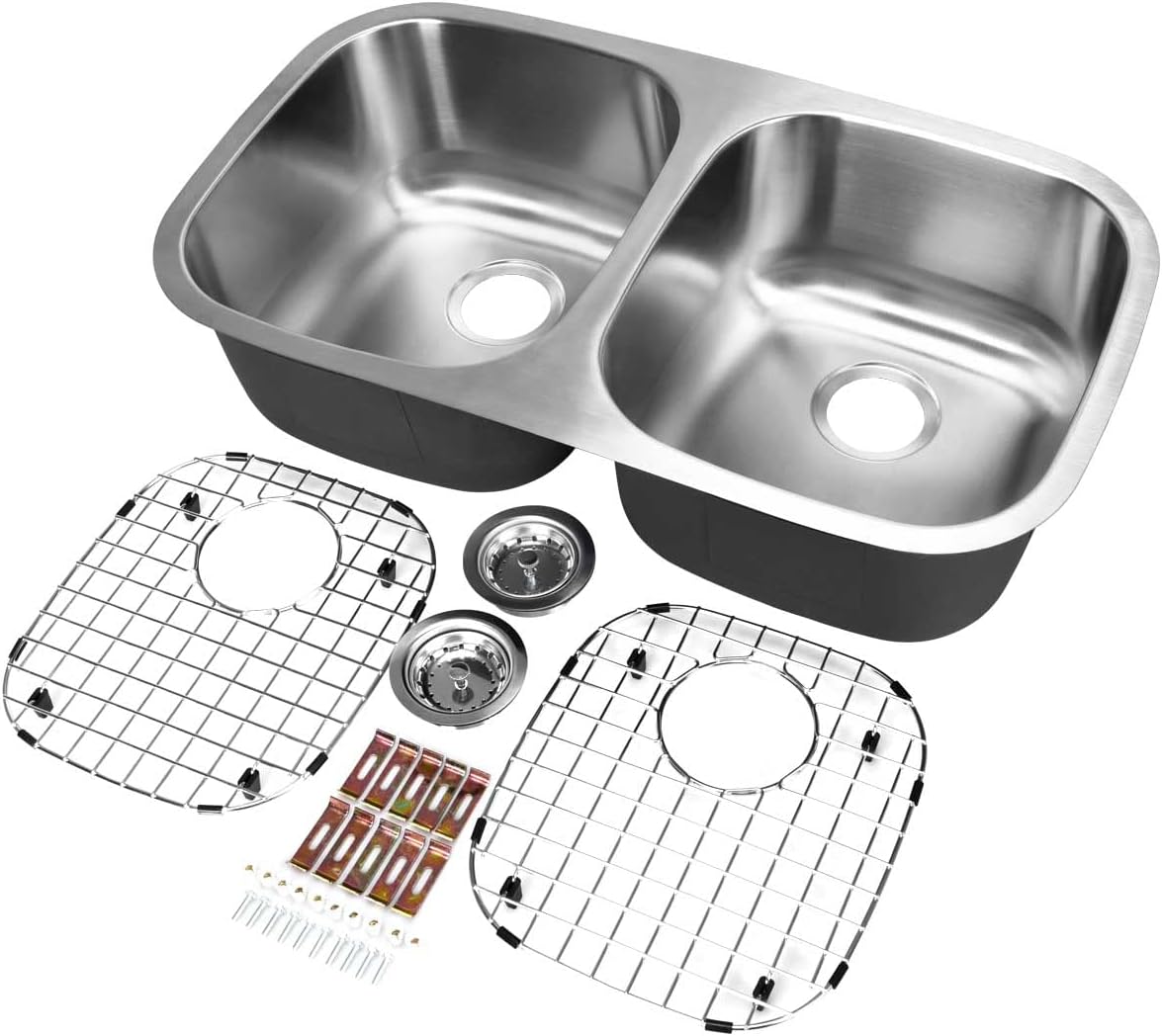 Goplus KC49477 32-1/2"50/50Double Bowl Kitchen Sink, Brushed Stainless-Steel
