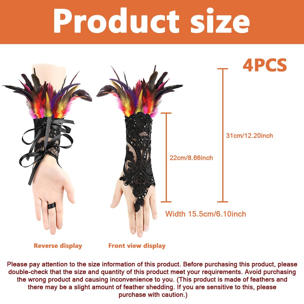 ZSUIQIN 1 Pair Feather Wrist Cuffs,Feather Gloves,Long Lace Fingerless Gloves,Suitable for Bonfire Nights Celebrations - Image 3