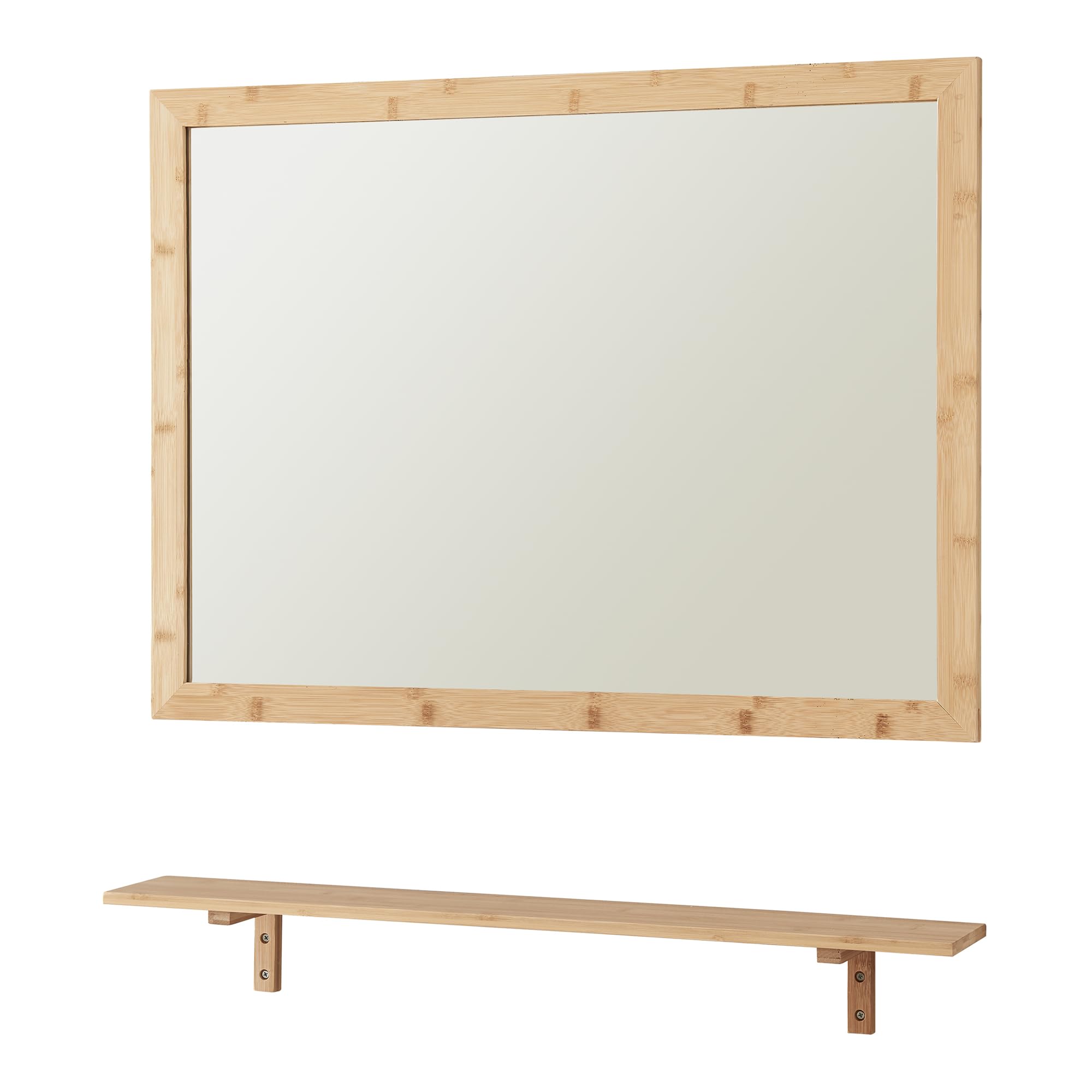 [en.casa] Set da Bagno di Specchio da Parete Rettangolare 80 x 60 cm con Mensola Specchio con Cornice e Ripiano in Bambù da Appendere per Ingresso Corridoio - Naturale