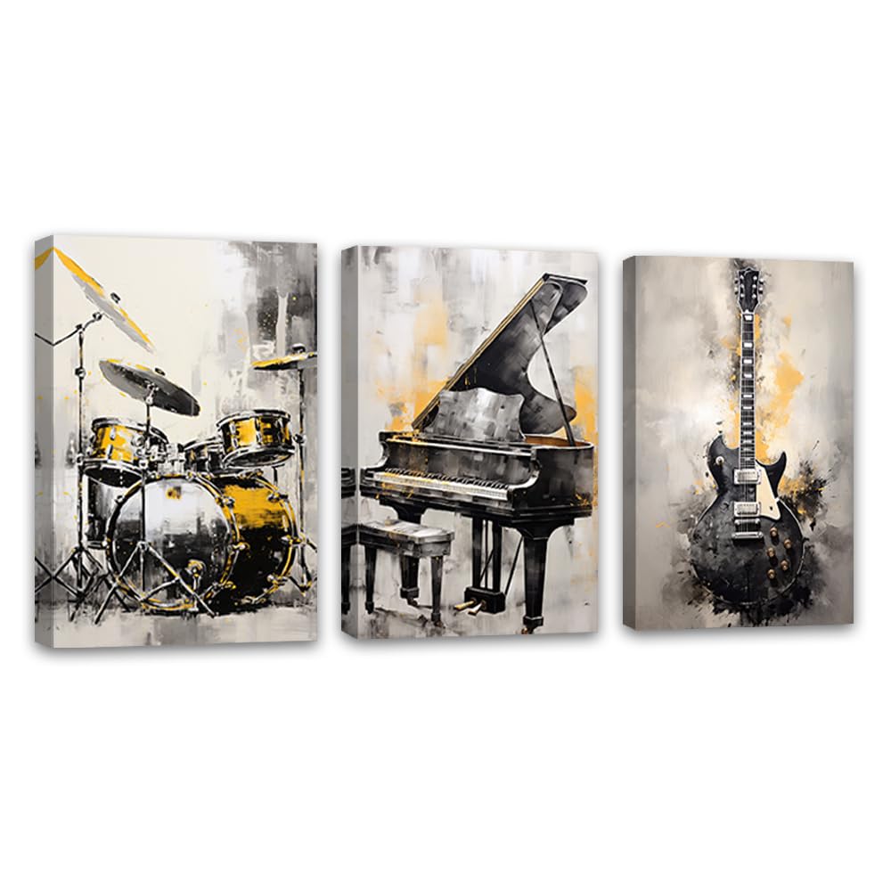 ZQQART 3 piezas de instrumentos musicales abstractos, arte de pared, piano, guitarra, batería, impresiones de pintura, impresiones temáticas musicales, obras de arte, marco de decoración de tienda de