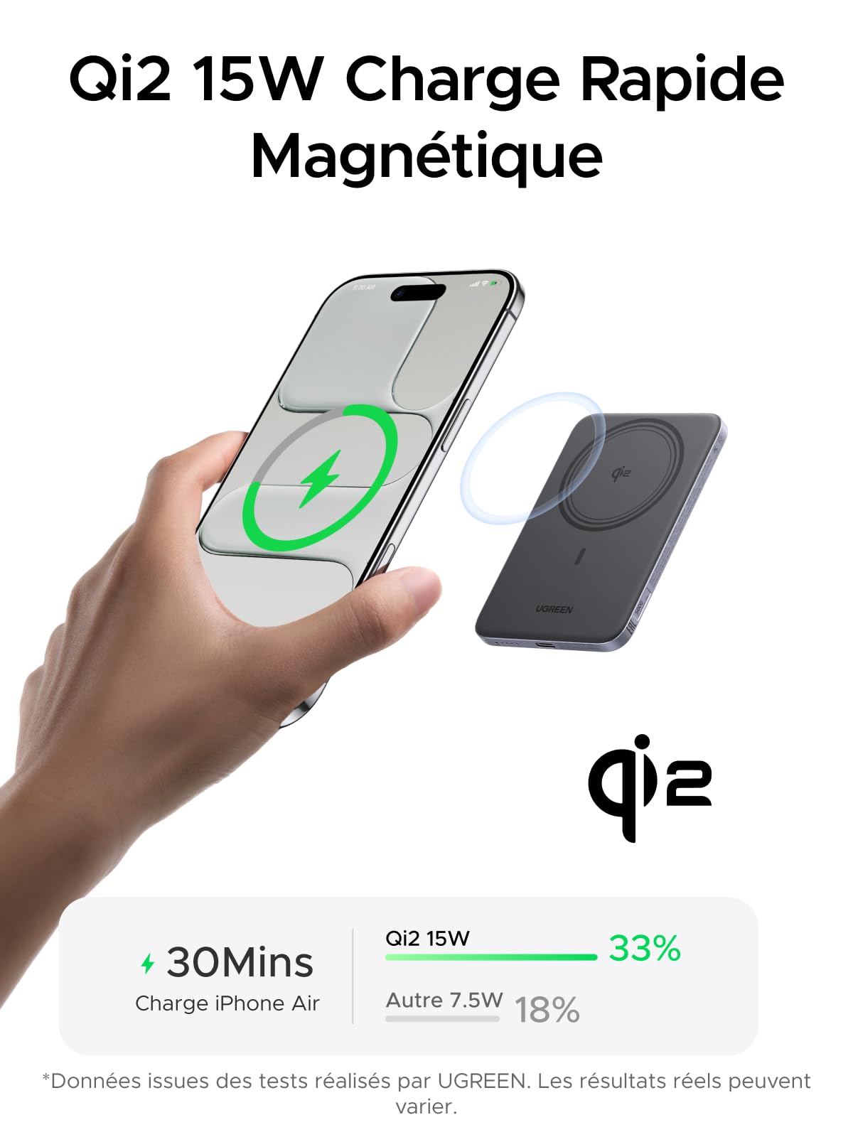 UGREEN MagFlow Air Qi2 15W Ultra Slim Power Bank MagSafe 5000mAh (Gris) | Batterie Externe USB C PD 20W Charge Rapide, Chargeur Magnétique Compatible avec iPhone 17 16 15 14 13 12 Air Plus Pro Max