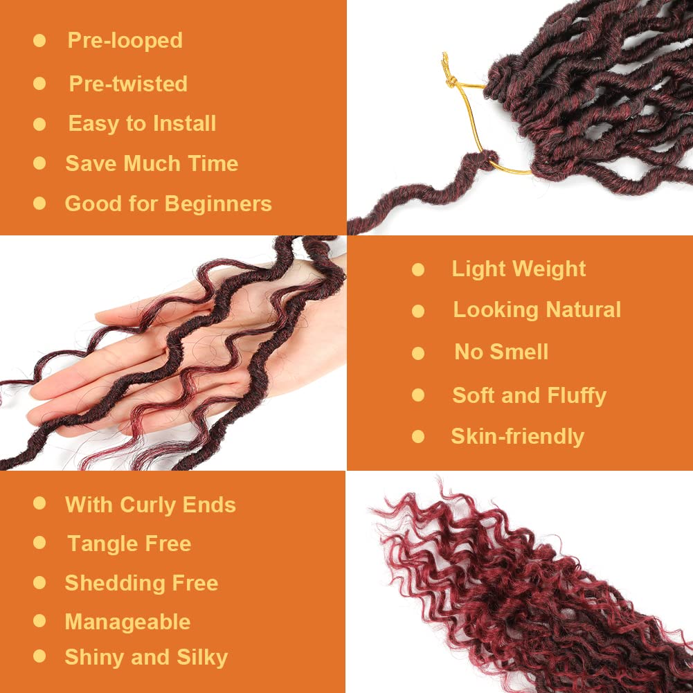 Goddess Locs Crochet Hair Faux Locs Crochet Hair for Black Omber Red Pre Looped Crochet Braids with Curly Ends River Locs 18 Inch 7 Packs (1B/BUG#)