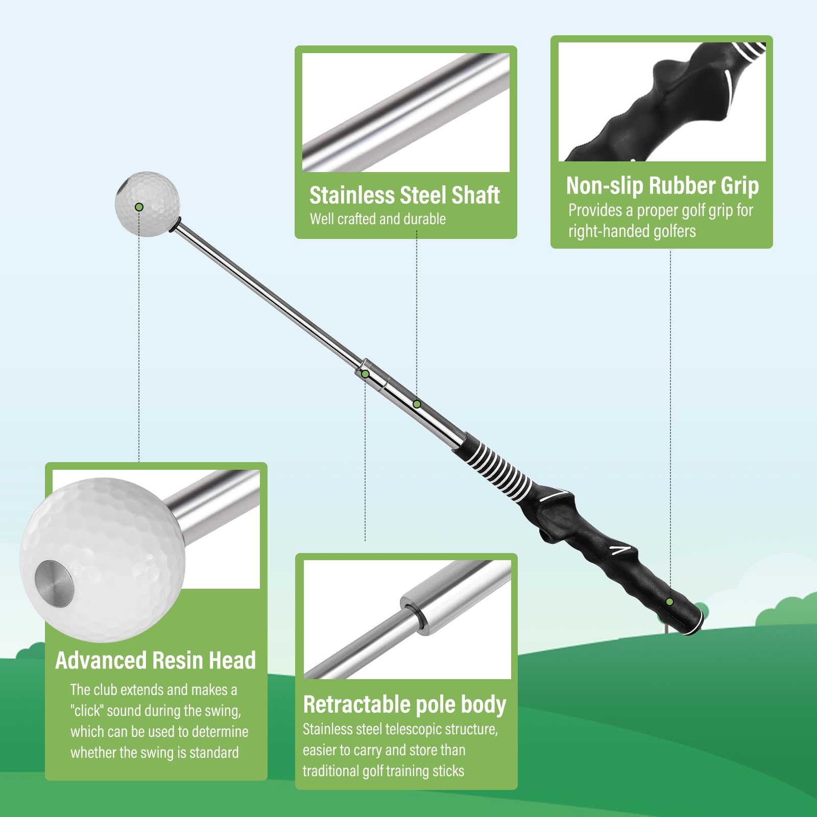 Golfschwung Trainer Set – Verstellbare & Einziehbare Golf Trainingshilfe mit klick-Feedback & Armband zur Haltungskorrektur – Für Männer, Frauen & Kinder, Indoor/Outdoor, Tempo & Chippen