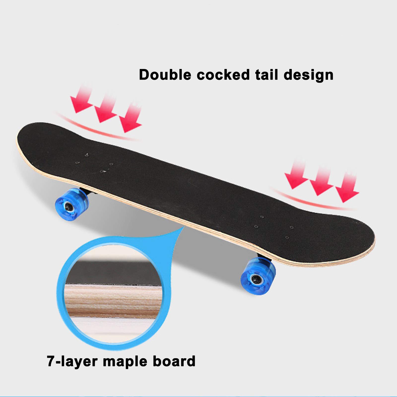 Skateboard Planche à roulettes 31 x 8 Pouces 7 Couches Longboards en Bois D'érable avec Roues Lumineuses à LED, Skateboard Cruiser Complète Professionnelle pour Adolescents Adultes Enfants