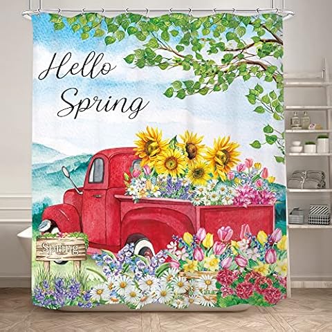 KOMLLEX Hello Spring Red Truck Shower Curtain for Bathroom Decor 60Wx72H Inches Watercolor Floral Rustic Pickup Farmhouse Colorful Flowers Leaves Nature Fabric Waterproof Polyester 12 Pack Hooks Cover