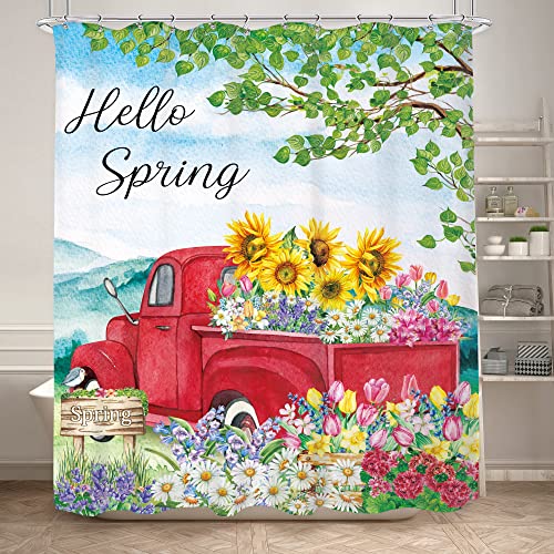 Komllex Hello Spring Red Truck Shower Curtain For Bathroom Decor 60Wx72H Inches Watercolor Floral Rustic Pickup Farmhouse Colorful Flowers Leaves Nature Fabric Waterproof Polyester 12 Pack Hooks #TOP18