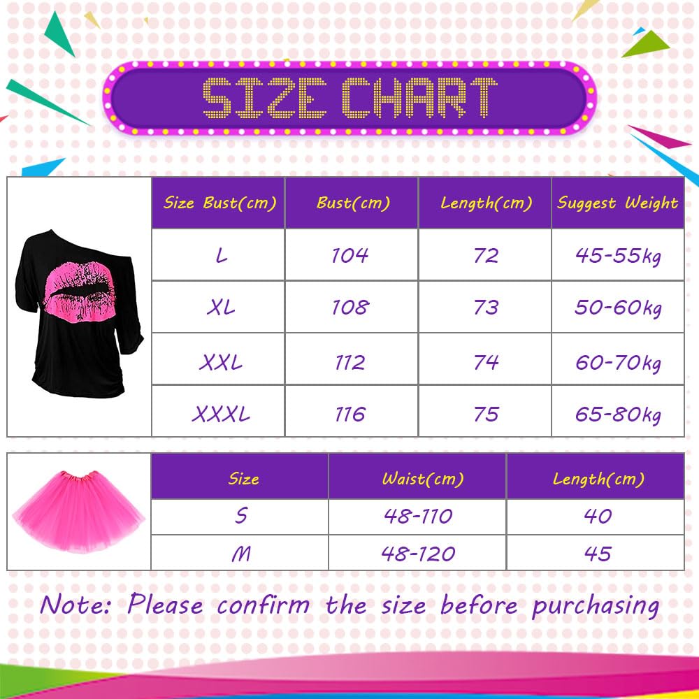 Kit Déguisement Années 80 – T-shirt Lèvres, Tutu, Jambières, Gants Résille, Bandeau, Bijoux Fluo – Costume Disco Néon Adulte Femme