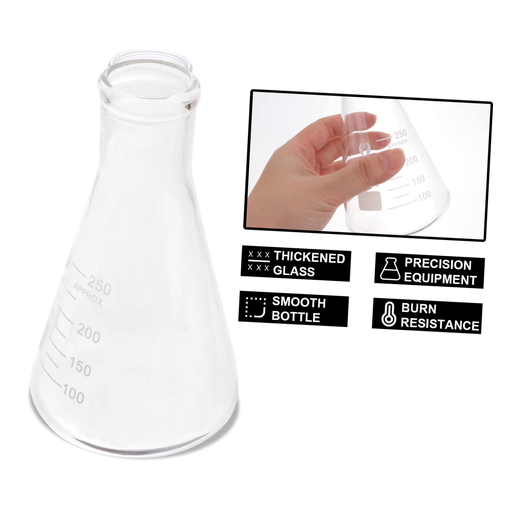 SOLUSTRE Frasco de Vidrio Borosilicato Espesado, 4 Unidades | Cuello Ancho, Forma Cónica y Triangular, Uso en Clase de Química y Escuela, Suministro de Laboratorio