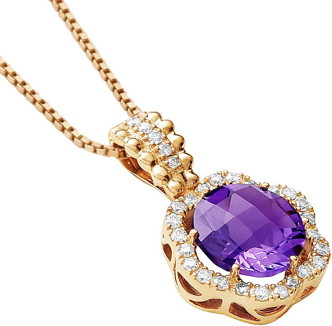 PEORA Genuine Purple Amethyst and Lab Grown Diamond Clover Halo Pendant for Women 14K Rose Gold, 2.78 Carats total Round Shape 9mm, Real Amethyst Necklace, February Birthstone Necklace