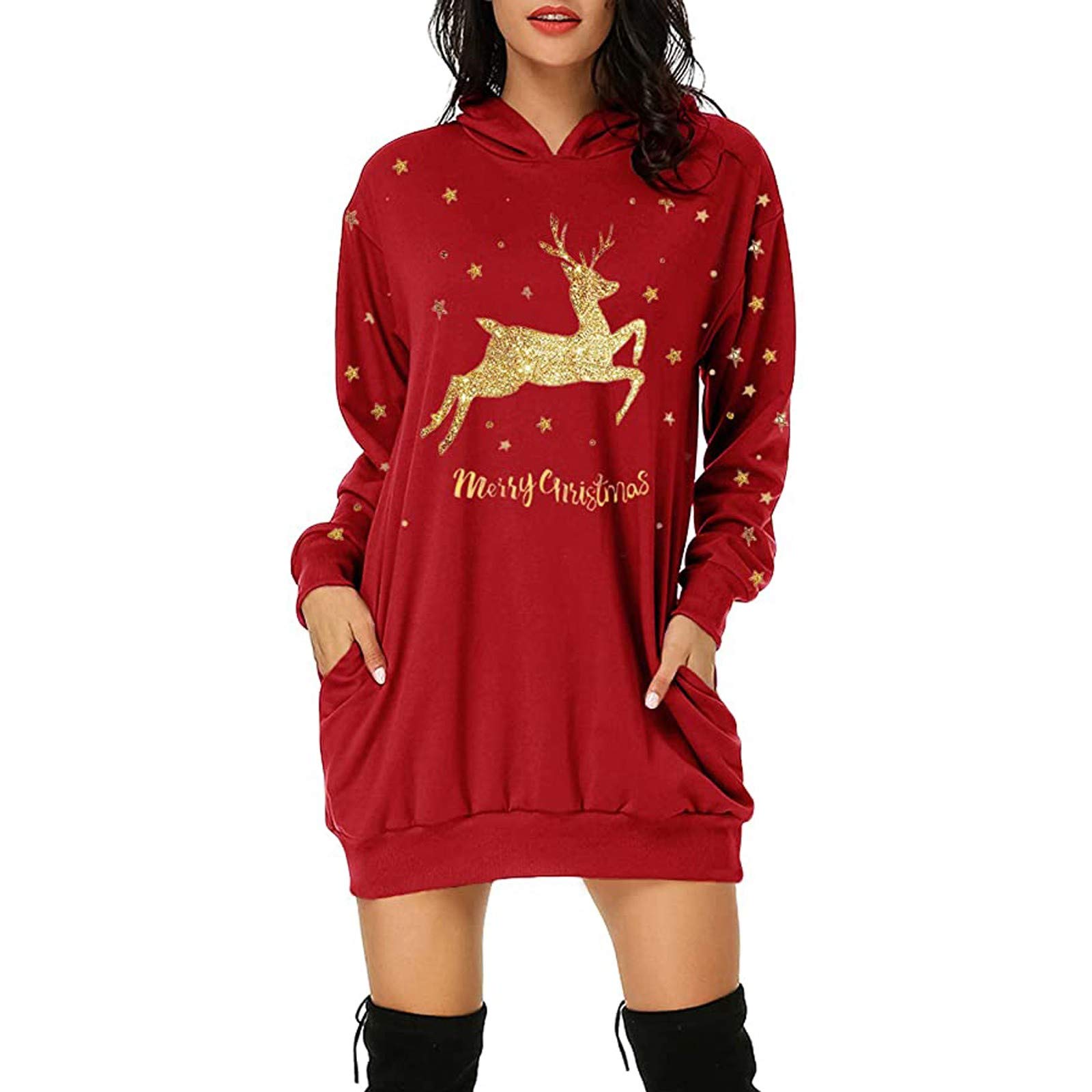 Christmas Dresses For Women Size 20 Mini Dress Christmas Moose Sweater  Pullovers Blouse Tunic Pullover Oversized Hooded Plus Size Xmas Tops Long  ...