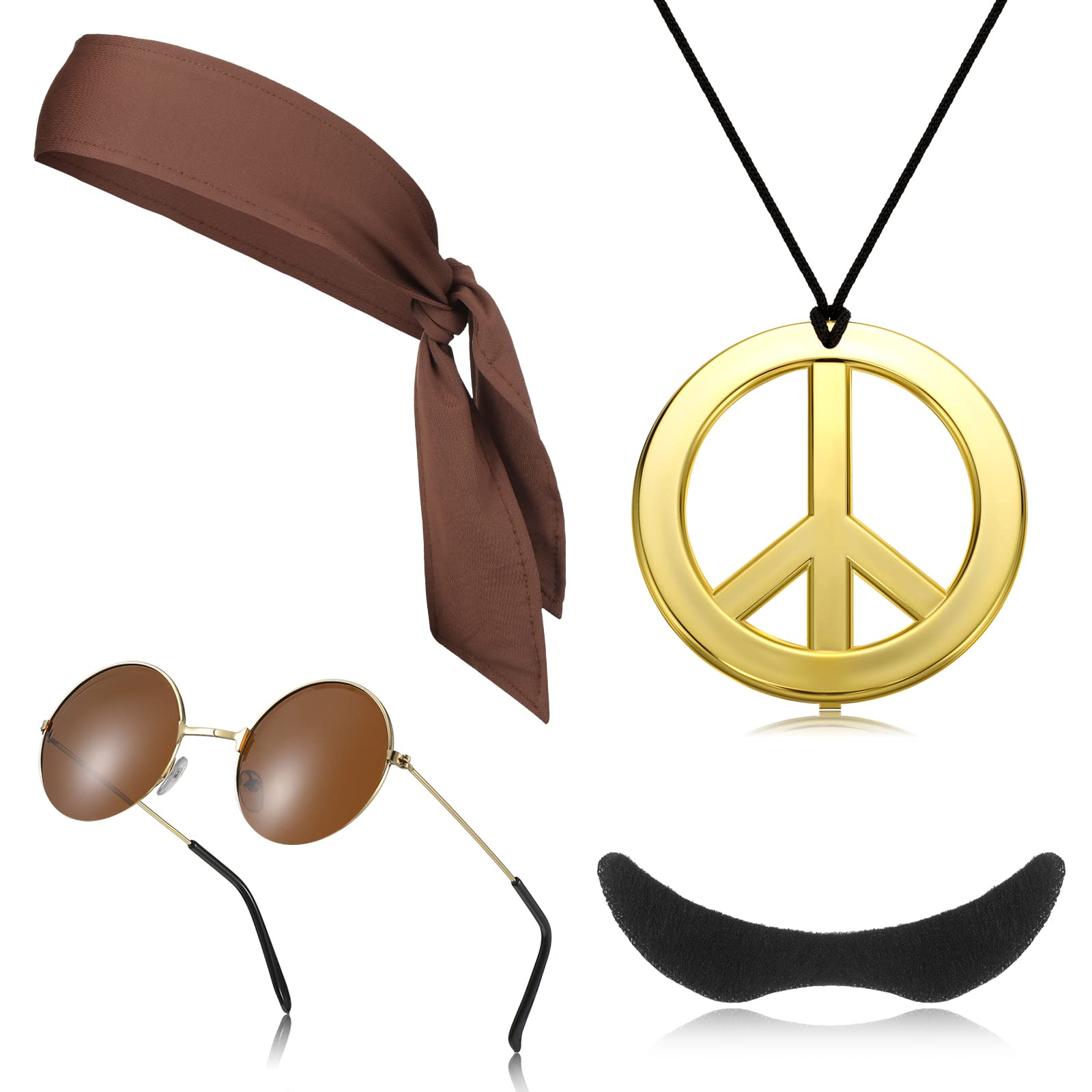 4 Accesorios de Disfraz Hippie Retro de Años 70 Diadema Hippie Collar de Paz Gafas de Sol Redondas Bigote para Fiesta Años 50 60 70