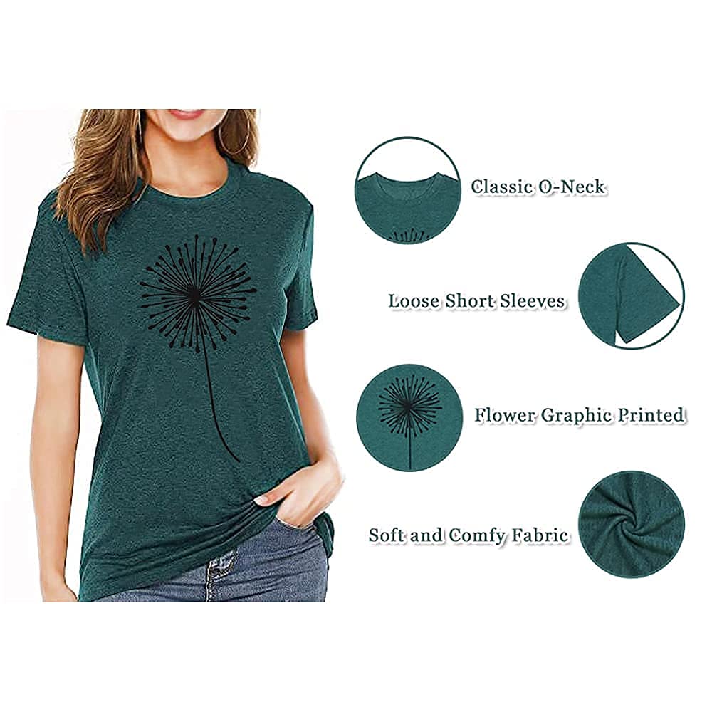 Womens Dandelion T Shirts Sunflower Graphic Casual Tees Short Sleeve Tops