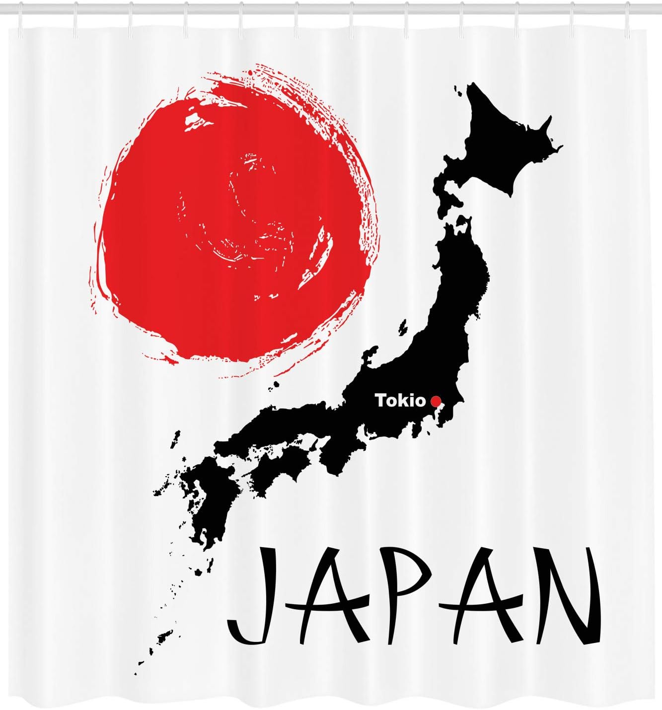 Lunarable Japan Shower Curtain, Country Map Capital Tokyo Hand Drawn Big Red Dot Cartography Theme, Cloth Fabric Bathroom Decor Set with Hooks, 69" W x 70" L, Scarlet Black White