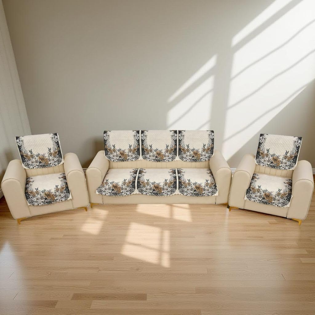 Floral Print Sofa Cover Set, Cream and Grey, 5 Seater, 3+1+1 Seating Arrangement-Pack of 10-image-14