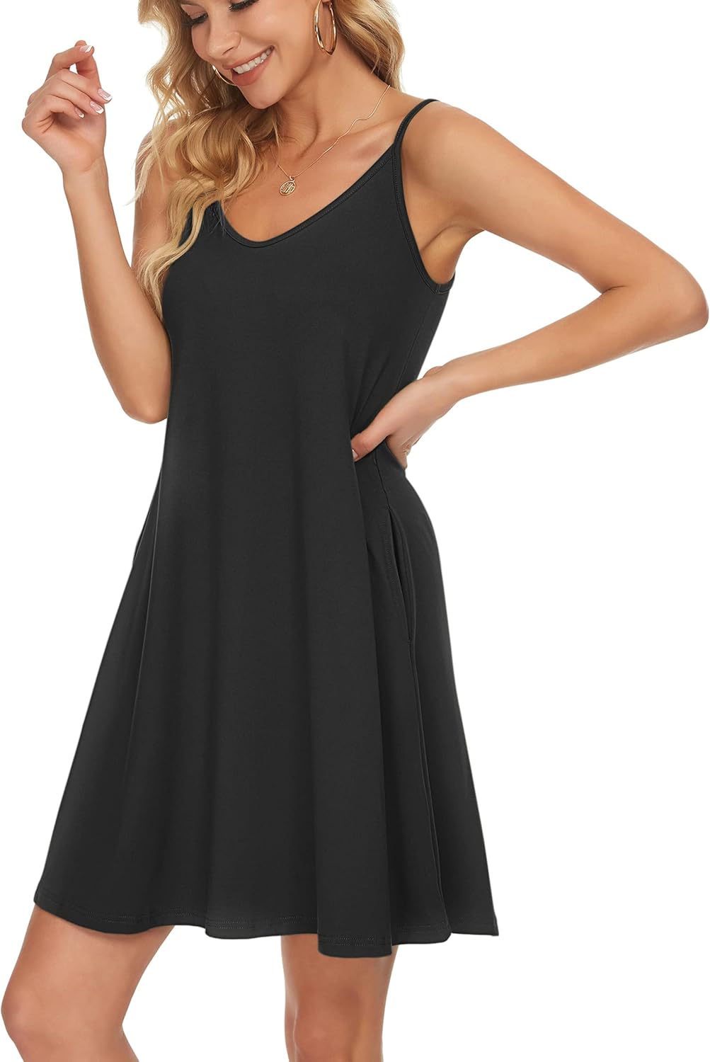 MISFAY Women's Summer Spaghetti Strap Casual Swing Tank Beach Cover Up Dress with Pockets - Image 2