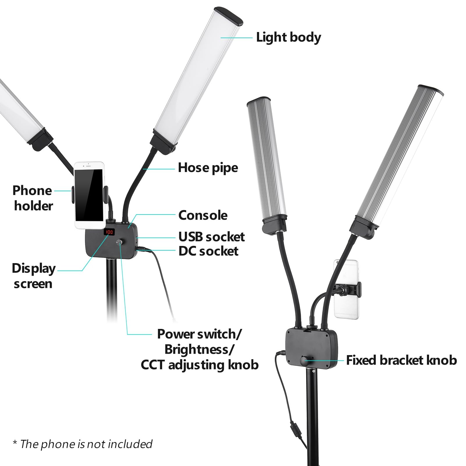 2 szt. Dwukolorowe światło Wypełniające LED Dwukolorowe światło LED do Kamery o Podwójnej Temperaturze 45 W 3-kolorowe 3200–5600 K CRI 90+ z Uchwytem na (Spina europea)