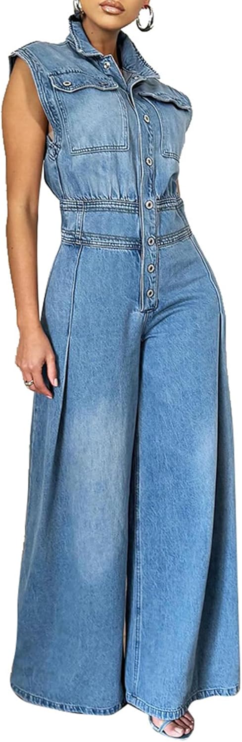 Tbahhir Women's Denim Jumsuits Sleeveless High Waisted Wide Leg Jean Rompers Pockets Overalls Jumpers